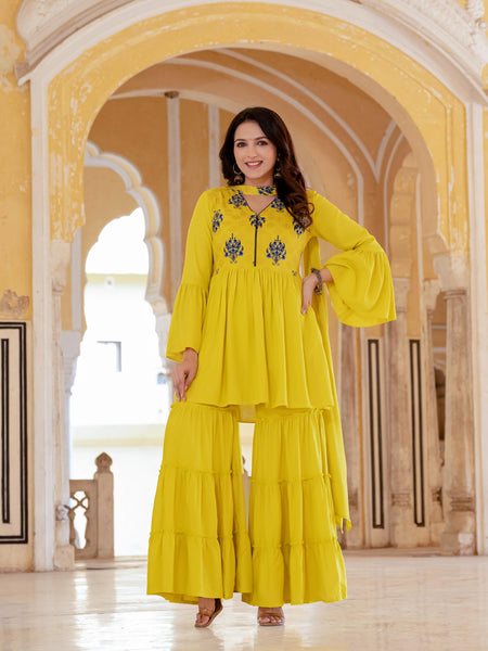 Women's Rayon Kurta with Sharara and Dupatta Set