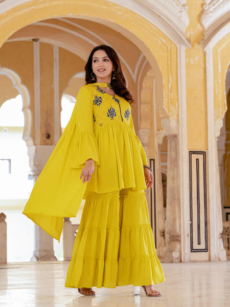 Women's Rayon Kurta with Sharara and Dupatta Set