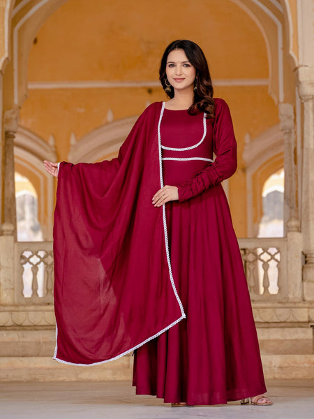 Anarkali Gown & Pant with Georgette Plain Lace Border Dupatta Ethnic Set