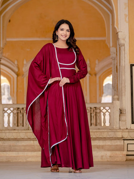 Anarkali Gown & Pant with Georgette Plain Lace Border Dupatta Ethnic Set