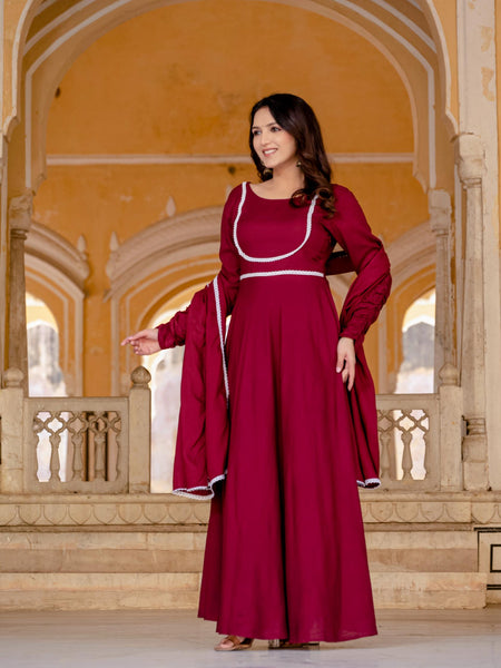 Anarkali Gown & Pant with Georgette Plain Lace Border Dupatta Ethnic Set