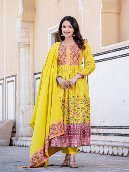 Ethnic Motifs Printed Sequinned Detailed Maxi Ethnic Dress With Dupatta