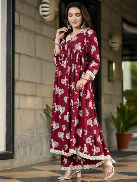 Women Floral Flared Kurta & Palazzo Set