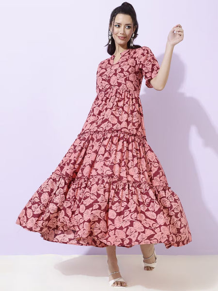 Women Floral Print Tiered Dress