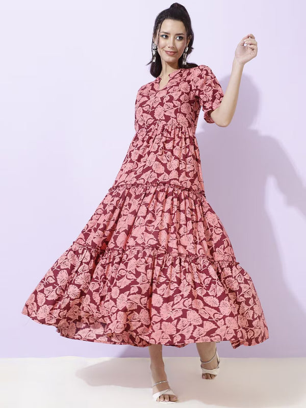 Women Floral Print Tiered Dress