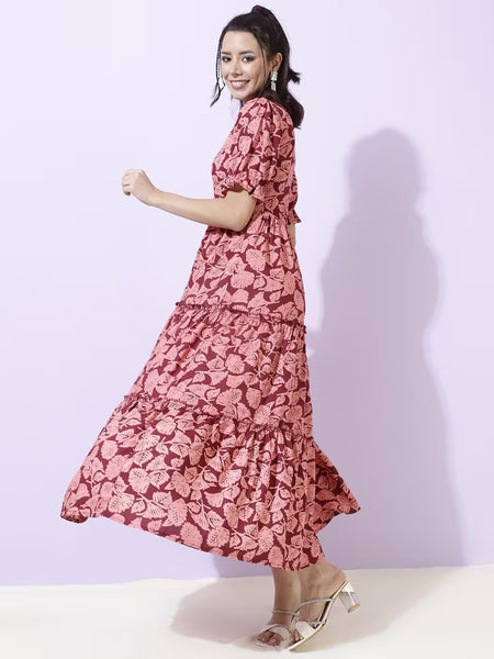 Women Floral Print Tiered Dress