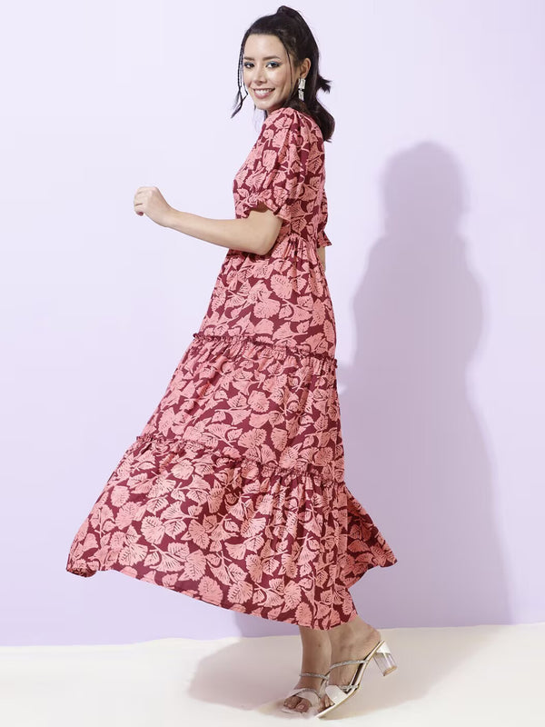 Women Floral Print Tiered Dress