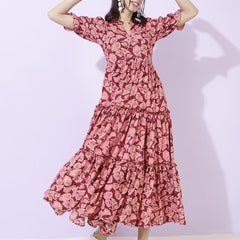 Women Floral Print Tiered Dress