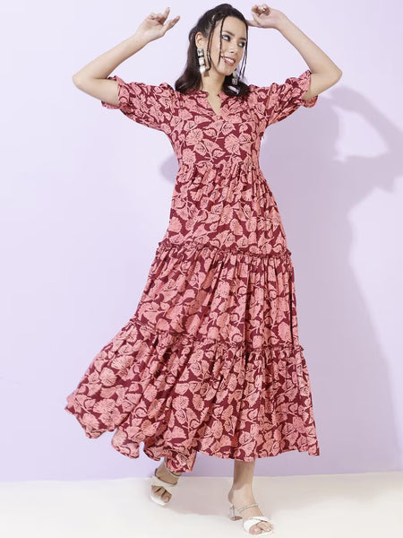 Women Floral Print Tiered Dress