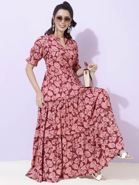 Women Floral Print Tiered Dress
