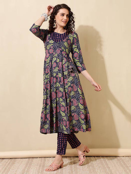 Women Floral Print Angrakha Kurta Set