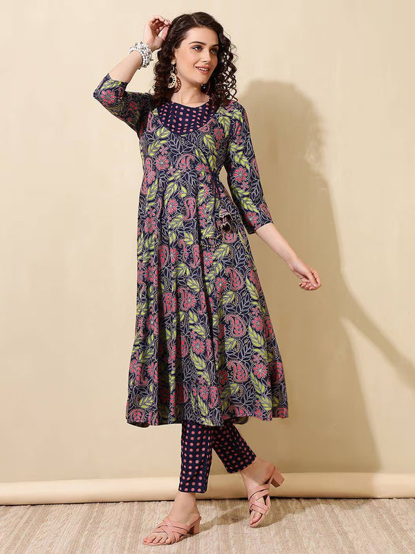 Women Floral Print Angrakha Kurta Set