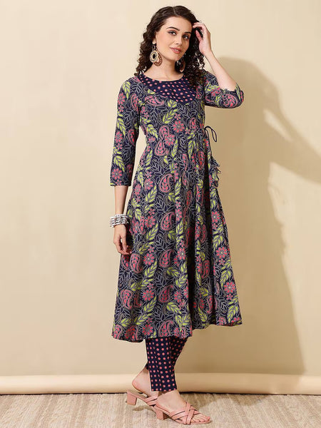 Women Floral Print Angrakha Kurta Set