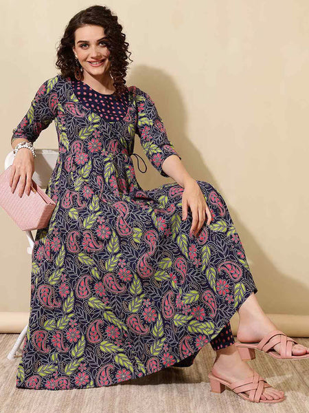 Women Floral Print Angrakha Kurta Set