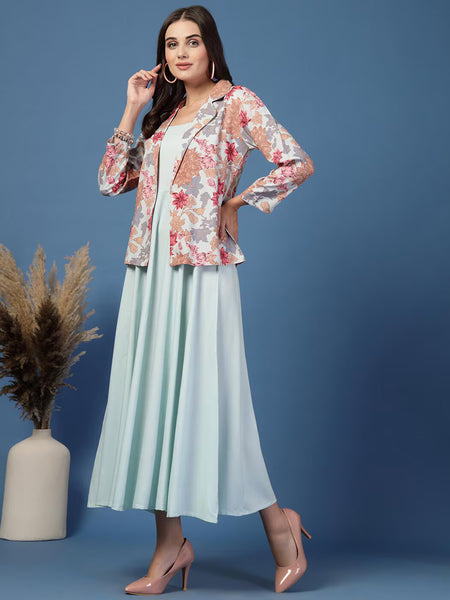 Women Floral Print Fit & Flare Dress with Jacket