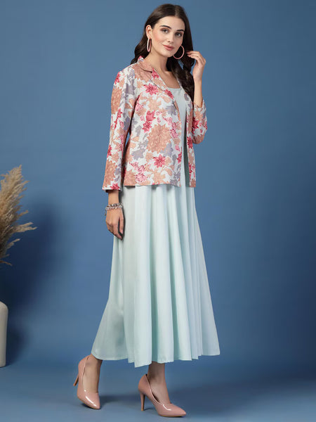 Women Floral Print Fit & Flare Dress with Jacket