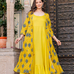 Women Floral Print Long Dress with Shrug Set