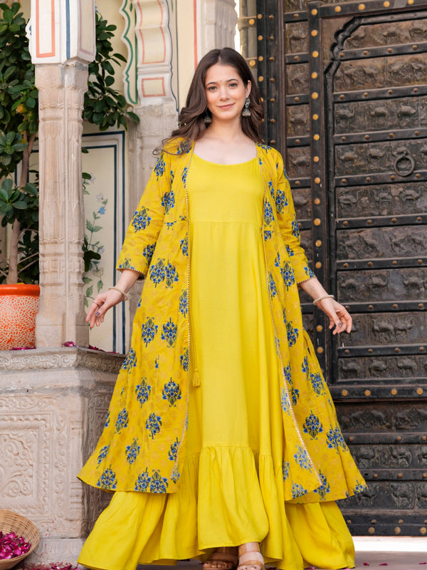 Women Floral Print Long Dress with Shrug Set