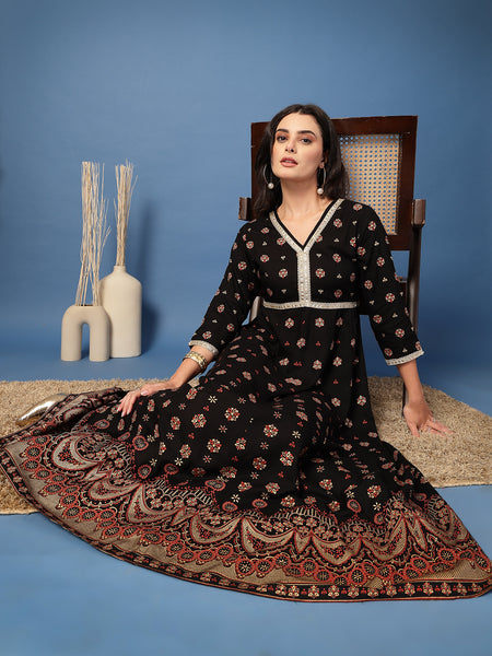 Women Floral Print Liva Anarkali Kurta