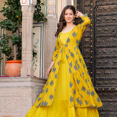 Women Floral Print Long Dress with Shrug Set