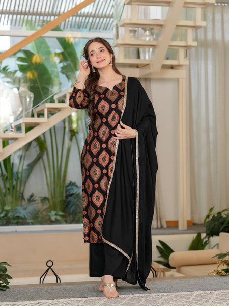 Women's Rayon Straight Kurta & Palazzo with Dupatta Set