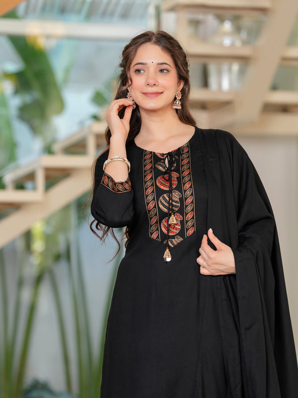 Women's Rayon Flared Kurta & Pants with Dupatta Set