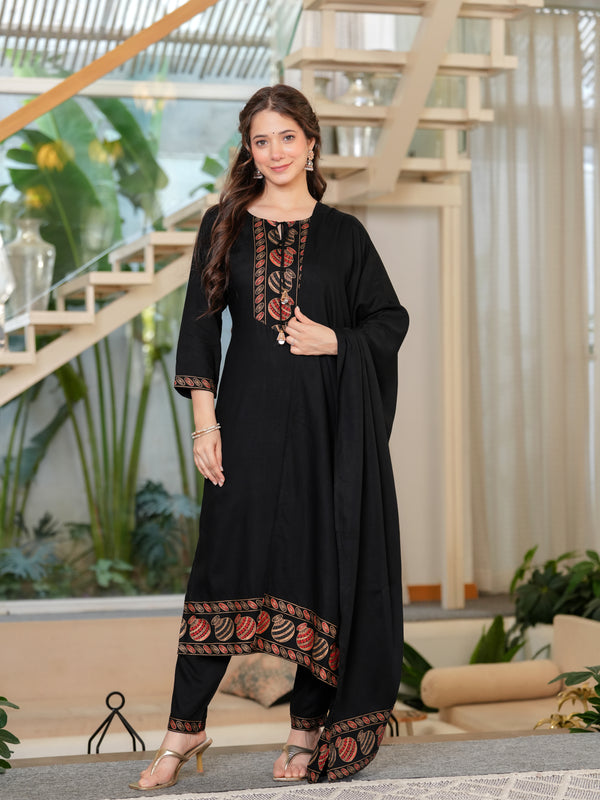 Women's Rayon Flared Kurta & Pants with Dupatta Set