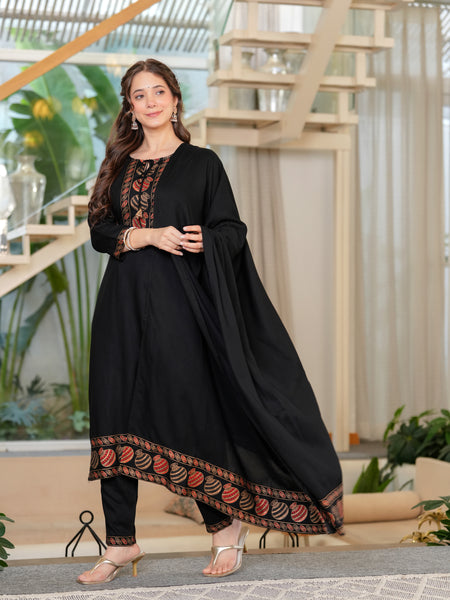 Women's Rayon Flared Kurta & Pants with Dupatta Set