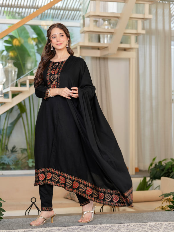 Women's Rayon Flared Kurta & Pants with Dupatta Set