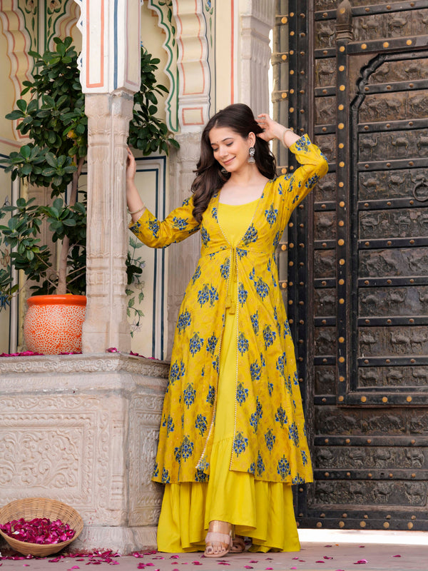 Women Floral Print Long Dress with Shrug Set
