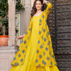Women Floral Print Long Dress with Shrug Set