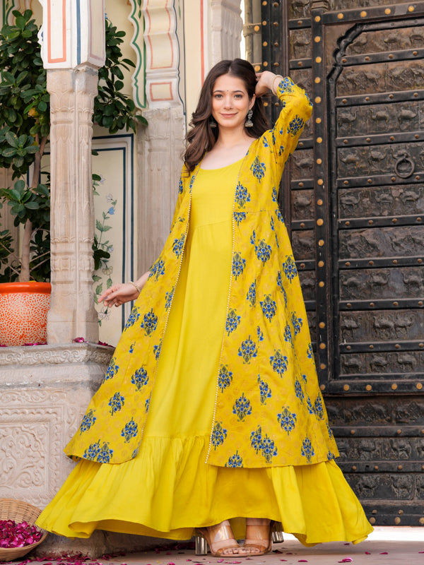 Women Floral Print Long Dress with Shrug Set