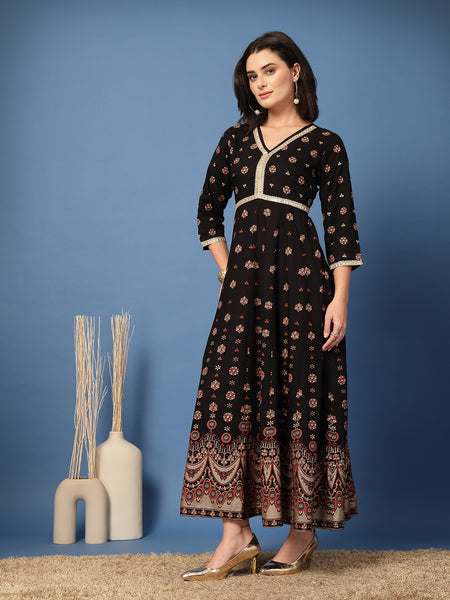 Women Floral Print Liva Anarkali Kurta