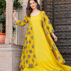 Women Floral Print Long Dress with Shrug Set