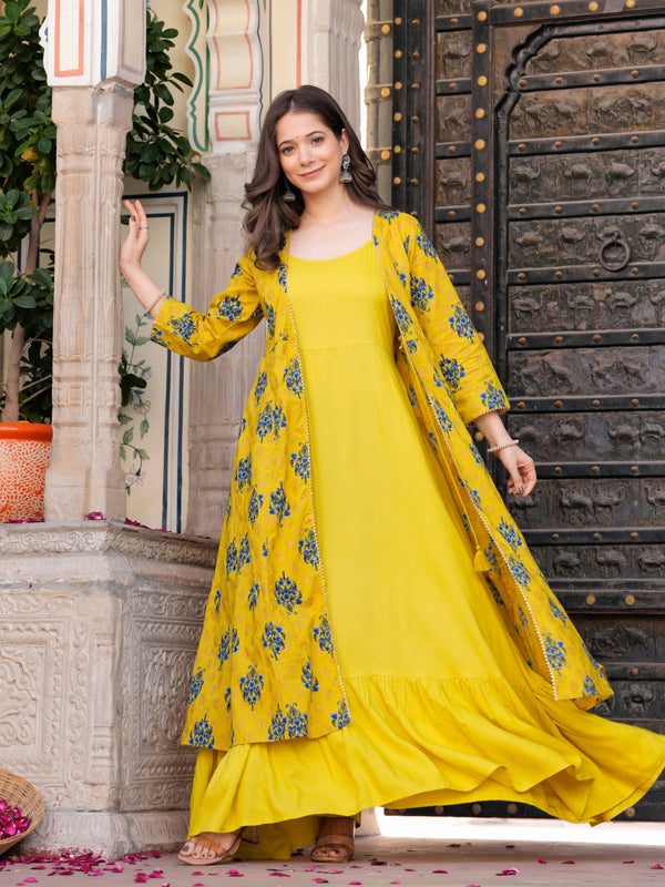 Women Floral Print Long Dress with Shrug Set