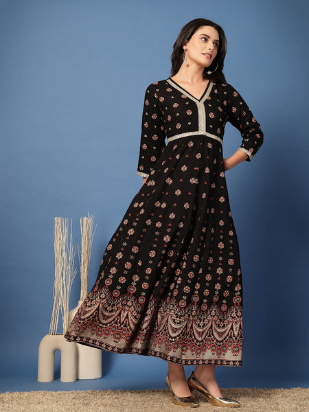 Women Floral Print Liva Anarkali Kurta