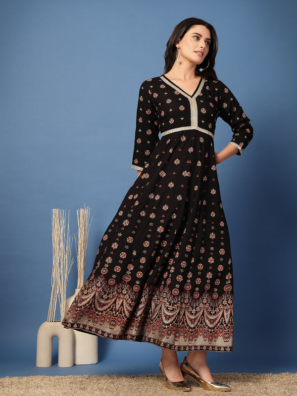 Women Floral Print Liva Anarkali Kurta