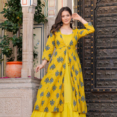 Women Floral Print Long Dress with Shrug Set