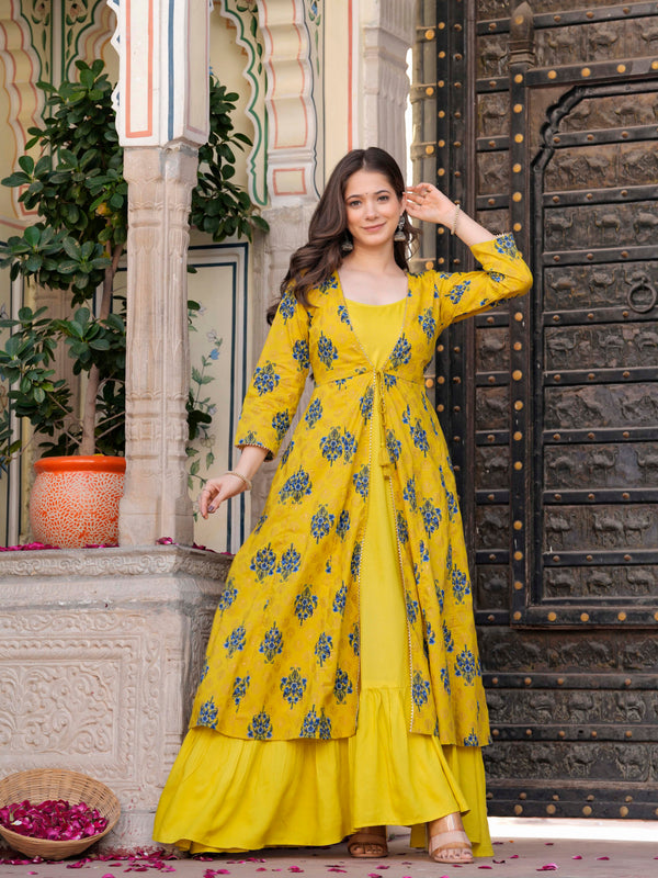 Women Floral Print Long Dress with Shrug Set