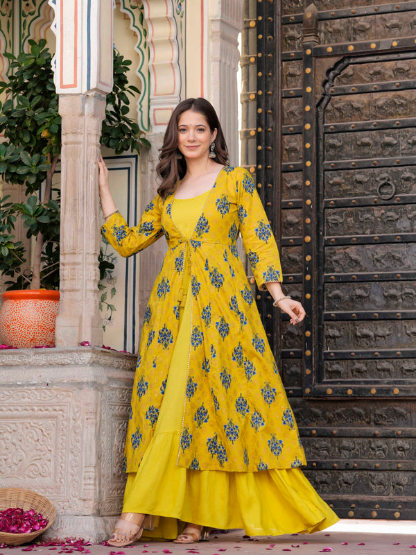 Women Floral Print Long Dress with Shrug Set