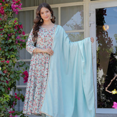 Women's Rayon Flared Kurta & Pants with Dupatta Set