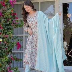Women's Rayon Flared Kurta & Pants with Dupatta Set