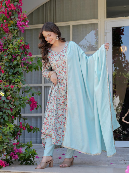Women's Rayon Flared Kurta & Pants with Dupatta Set