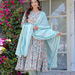 Women's Rayon Flared Kurta & Pants with Dupatta Set