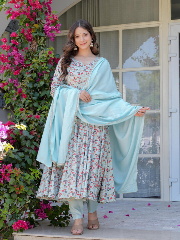 Women's Rayon Flared Kurta & Pants with Dupatta Set