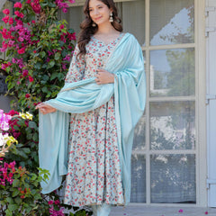 Women's Rayon Flared Kurta & Pants with Dupatta Set