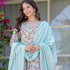 Women's Rayon Flared Kurta & Pants with Dupatta Set