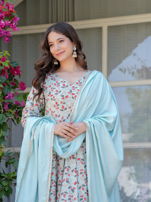 Women's Rayon Flared Kurta & Pants with Dupatta Set