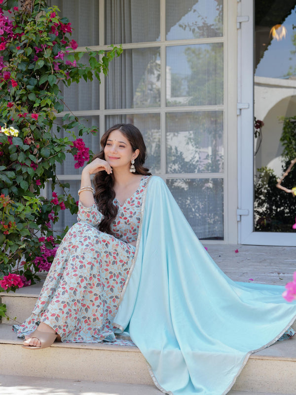 Women's Rayon Flared Kurta & Pants with Dupatta Set