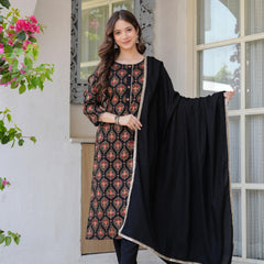 Women's Rayon Flared Kurta & Pants with Dupatta Set